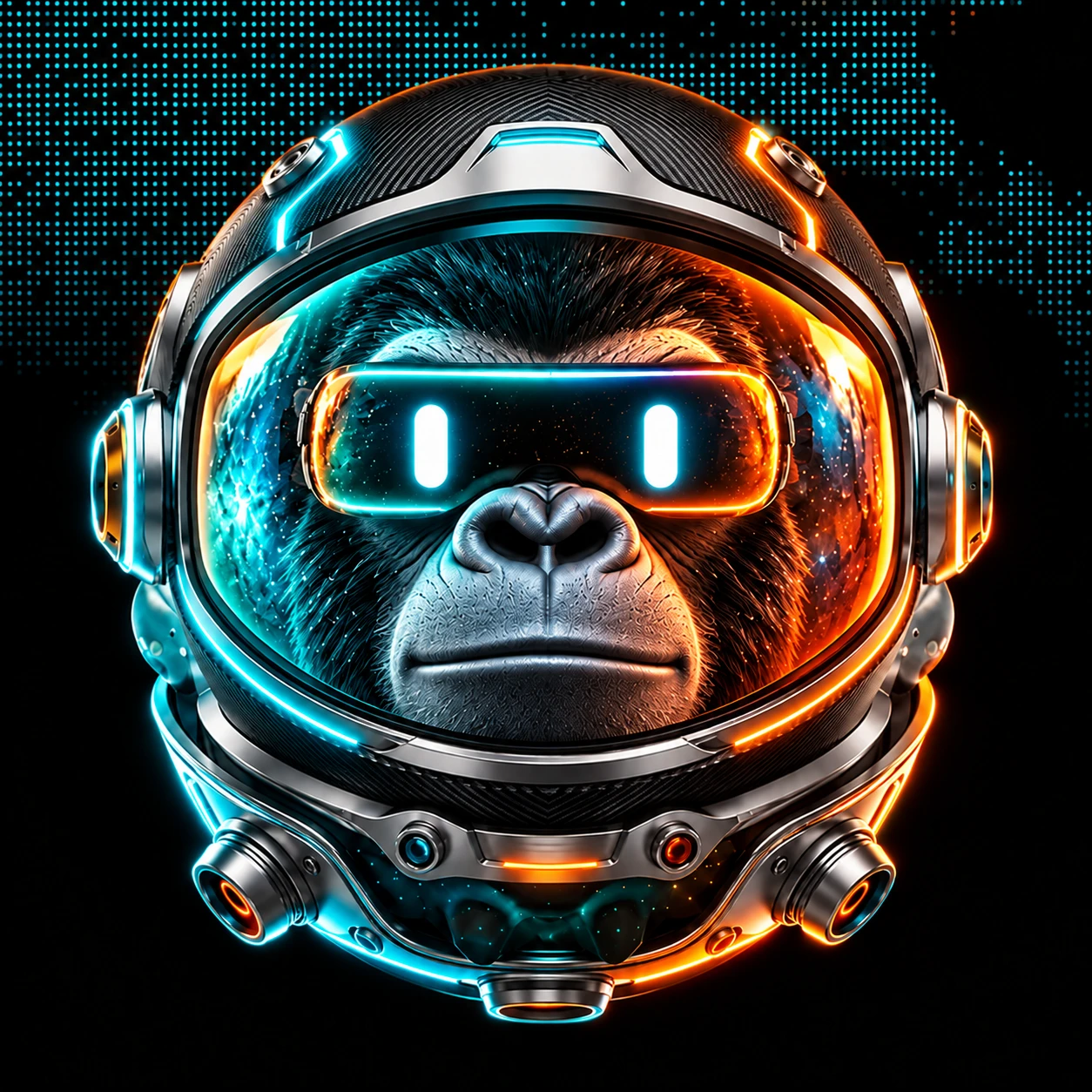 Gorila con casco espacial y visor luminoso cian y naranja